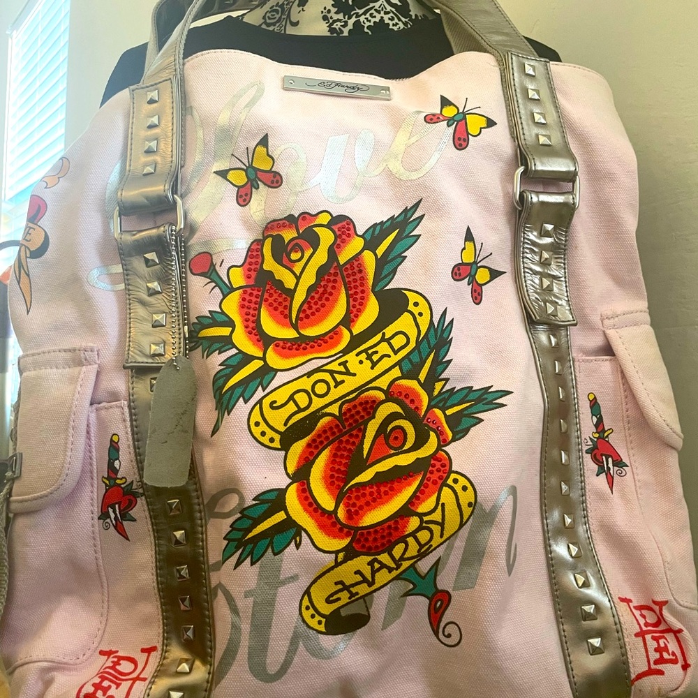 Vintage early 2000’s Ed Hardy pink bag with rhinestone, stud Genuine leather